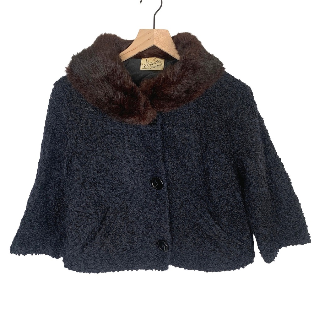 VTG A Winter Product Boucle Jacket Faux Fur Collar Sz L Black Brown Pockets